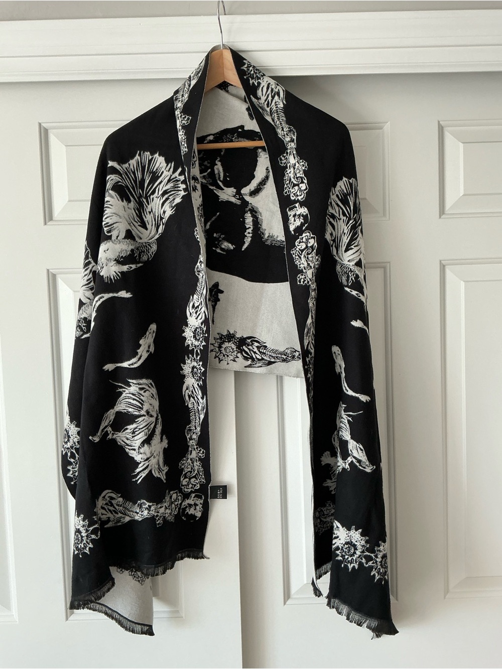 Reversible Silk Gothic Skull & Koi Fish Graphic Scarf Wrap- Black/Grey